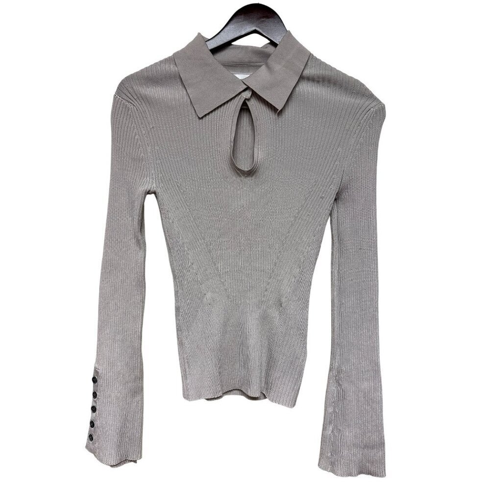 Jason Wu Women's Top Knit Collared Ribbed V-Neck Keyhole Bell Sleeve Small